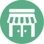 Icône représentant un magasin avec une devanture, symbolisant une boutique ou un commerce, sur fond vert.