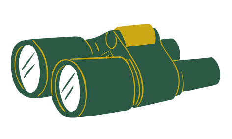 L'image montre une illustration de jumelles de couleur verte et jaune, dessinées de manière simple et stylisée.