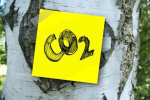 Un post-it jaune marqué "CO2" est collé sur un tronc d'arbre texturé, avec un fond naturel flou, symbolisant l'impact du CO2 sur l'environnement.