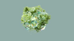 Une structure géométrique transparente se mélange avec des plantes, symbolisant l'harmonie entre la nature et la technologie.