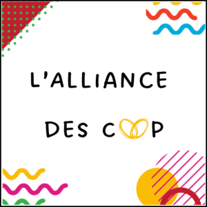 Logo de "L'Alliance des Coop" sur fond blanc, typographie manuscrite noire, "O" en anneaux dorés entrelacés, décoré de motifs abstraits colorés.