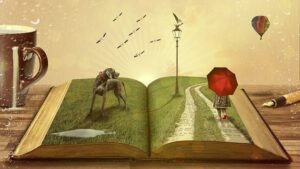 Un livre ouvert dévoile un paysage féérique avec chemin, parapluie rouge, chien, montgolfière, oiseaux et une tasse de café sur la gauche.