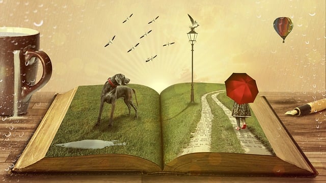 Un livre ouvert dévoile un paysage féérique avec chemin, parapluie rouge, chien, montgolfière, oiseaux et une tasse de café sur la gauche.
