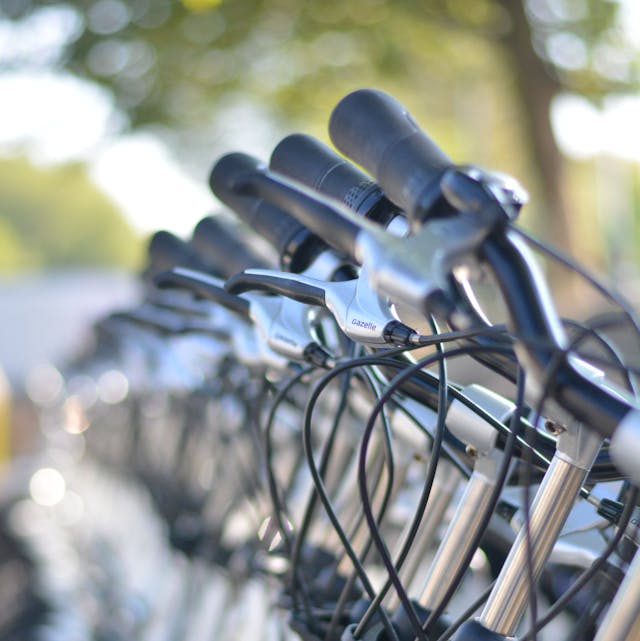 Une rangée de vélos alignés, guidons et freins en focus, sur fond flou d'arbres, évoquant un service de location urbain et écologique.