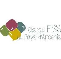 Logo du "Réseau ESS du Pays d'Ancenis" avec formes colorées imbriquées et visages stylisés, reflétant collaboration et solidarité locale.
