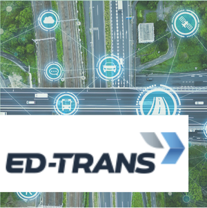 Vue aérienne d'un réseau routier avec véhicules et icônes numériques, et le logo "ED-TRANS" en avant-plan, soulignant des solutions logistiques innovantes.
