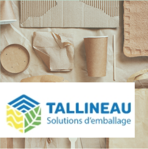Un ensemble d'emballages écologiques en papier et carton sur fond kraft, avec le logo "Tallineau Solutions d'emballage" en avant-plan.