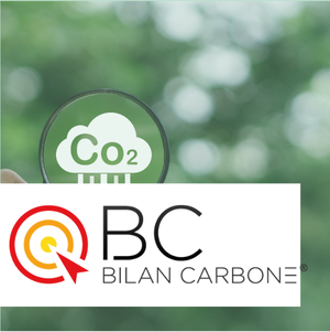 Une main tient une loupe révélant une icône "CO2" sur fond flou de verdure, avec le logo "BC Bilan Carbone" en avant-plan.