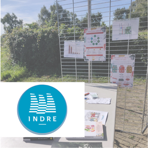 Un panneau extérieur avec affiches colorées et graphiques sur sol en bois, table blanche garnie de brochures, et le logo bleu "Indre".
