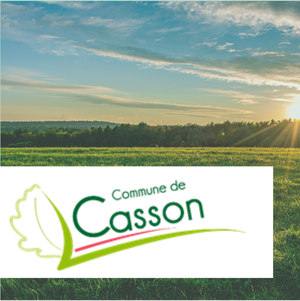Un paysage champêtre au coucher du soleil, prairies verdoyantes, forêt en arrière-plan, et le logo "Commune de Casson" en avant-plan.