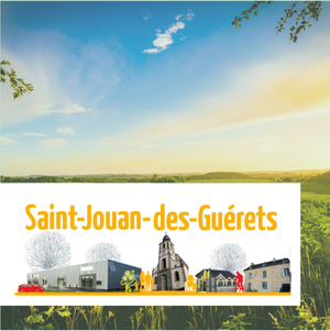 Un paysage rural avec champs verdoyants, ciel bleu, branches d'arbres en haut, et le logo "Saint-Jouan-des-Guérets" en avant-plan.