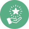 Icône représentant une main tenant une étoile entourée de rayons lumineux, symbolisant la réussite ou la récompense.